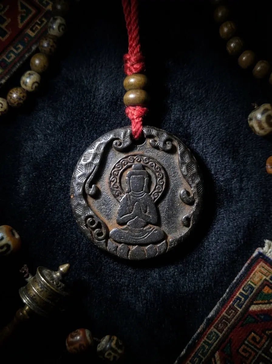 Tibetan Cold Iron Formless Buddha & Ten Symbols of Freedom Cold Iron Amulet