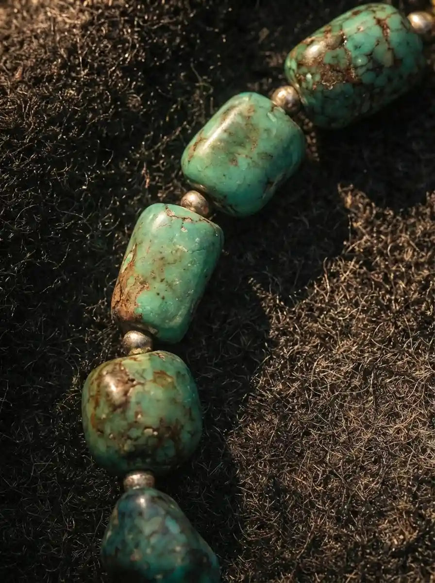 Detail close-up of natural green turquoise tumbled beads with dark brown matrix