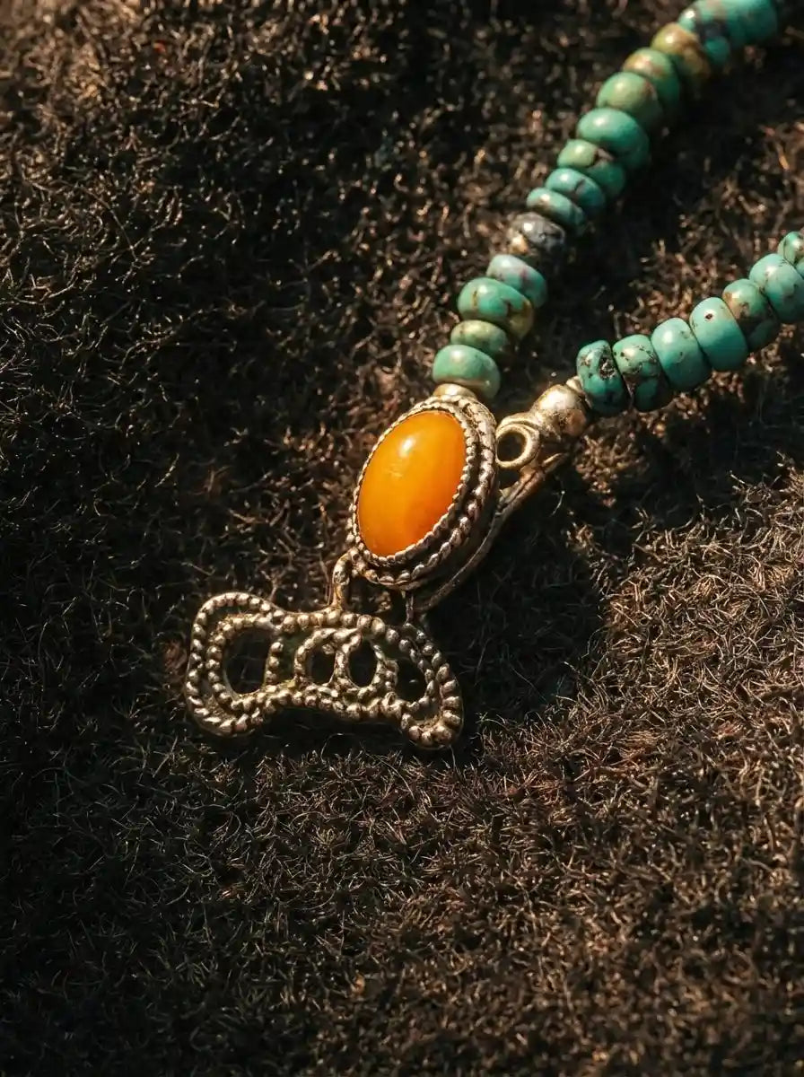 Detail of ornate metal hook clasp set with an oval amber cabochon and turquoise seed beads