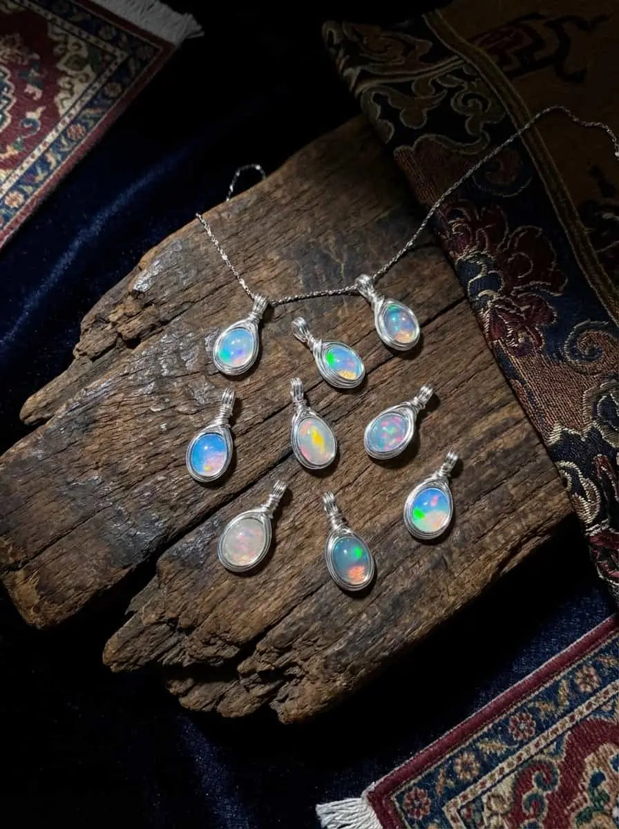 Niche Healing Clavicle Necklace | Colorful Sugar Bean Series White Opal Hand-Wound Sterling Silver Pendant Necklace