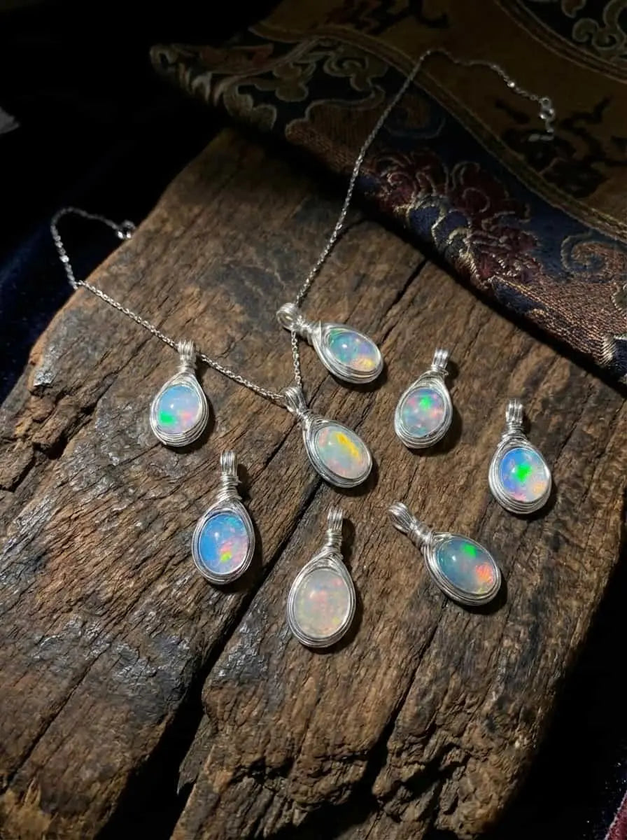 Niche Healing Clavicle Necklace | Colorful Sugar Bean Series White Opal Hand-Wound Sterling Silver Pendant Necklace