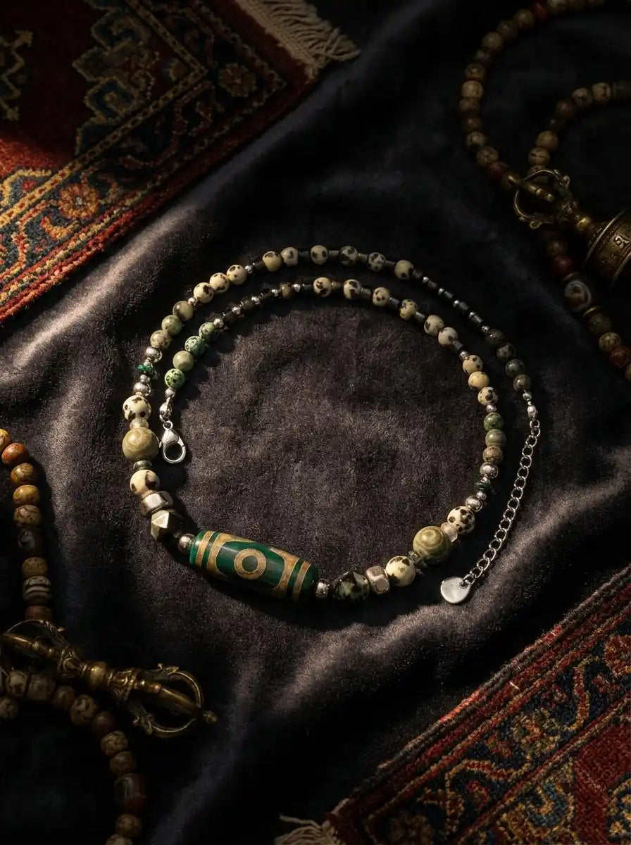 Tibetan Forest Elegance necklace featuring green agate Dzi bead and natural gemstone strands on dark velvet