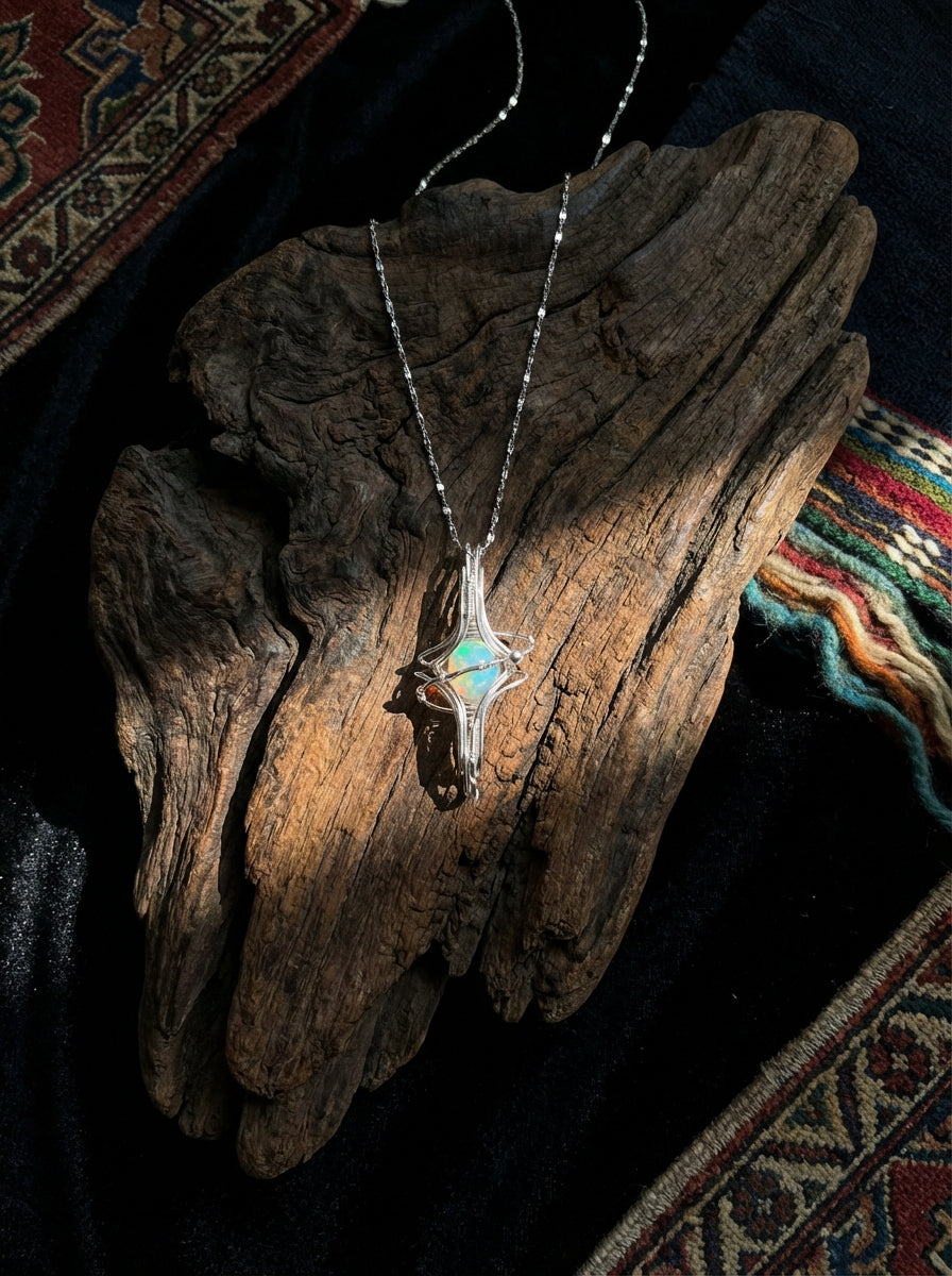 Original Planet Ring Design | Natural White Opal Sterling Silver Wrapped Necklace Unique Niche Choker