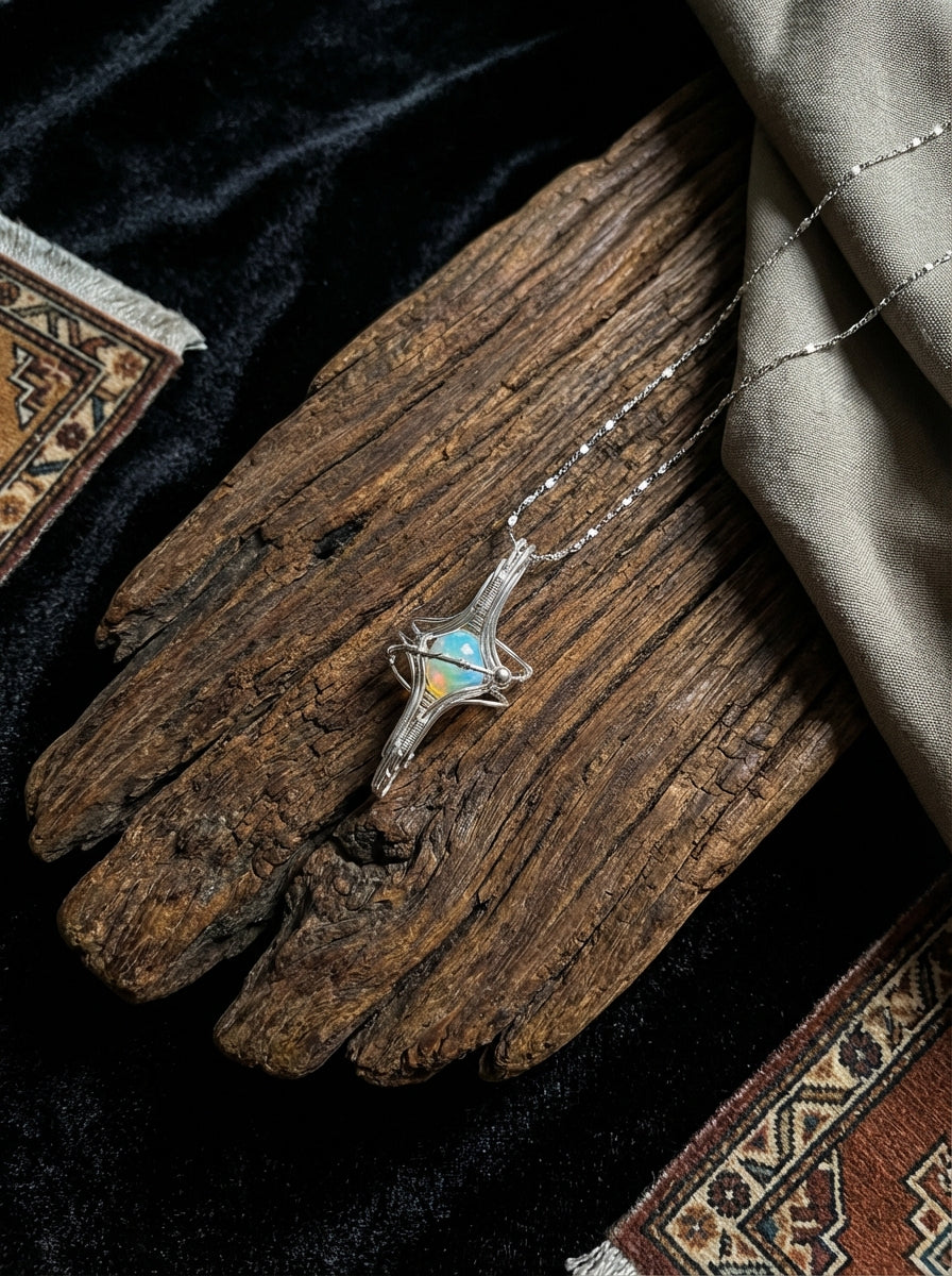 Original Planet Ring Design | Natural White Opal Sterling Silver Wrapped Necklace Unique Niche Choker