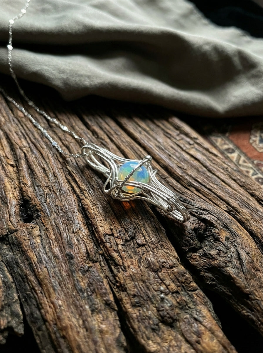 Original Planet Ring Design | Natural White Opal Sterling Silver Wrapped Necklace Unique Niche Choker