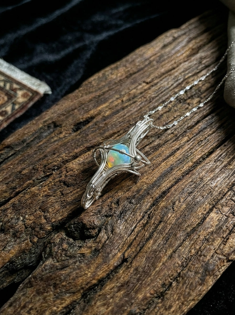 Original Planet Ring Design | Natural White Opal Sterling Silver Wrapped Necklace Unique Niche Choker