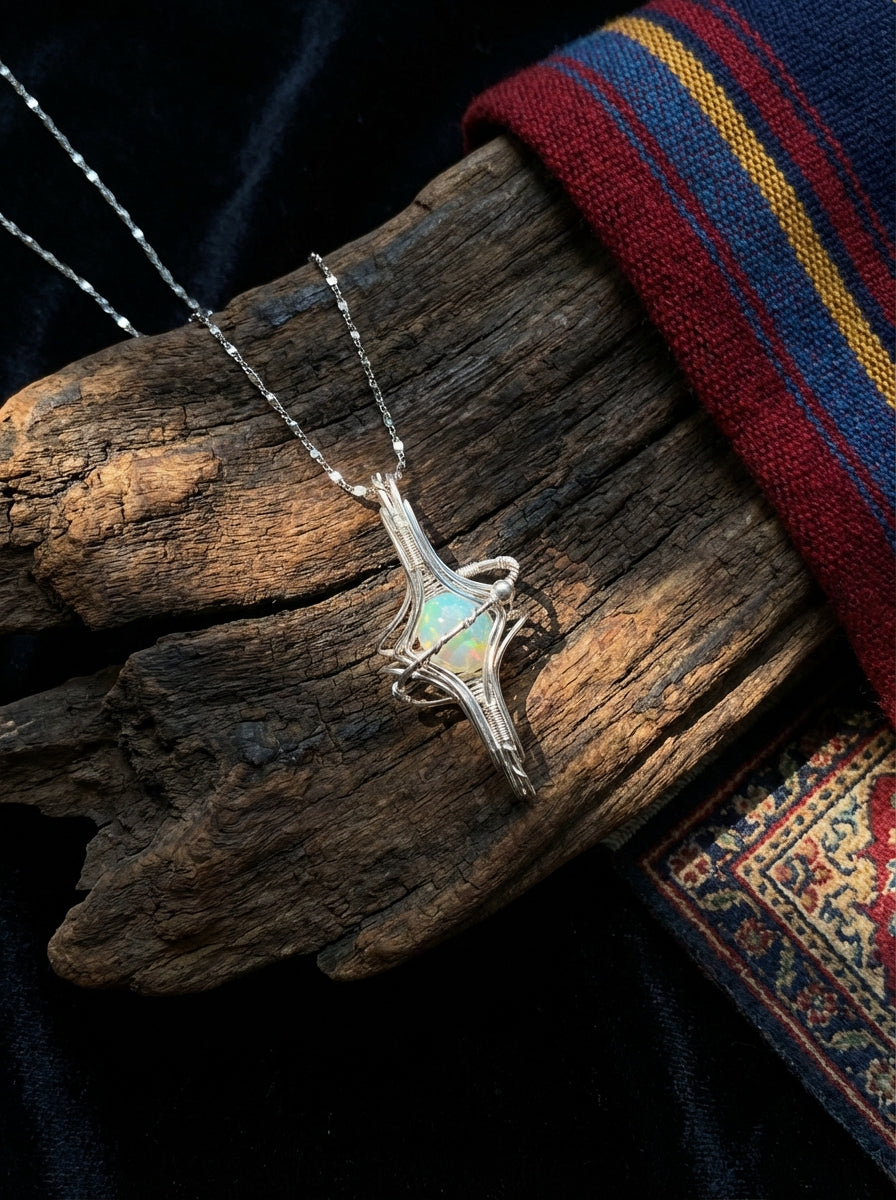 Original Planet Ring Design | Natural White Opal Sterling Silver Wrapped Necklace Unique Niche Choker