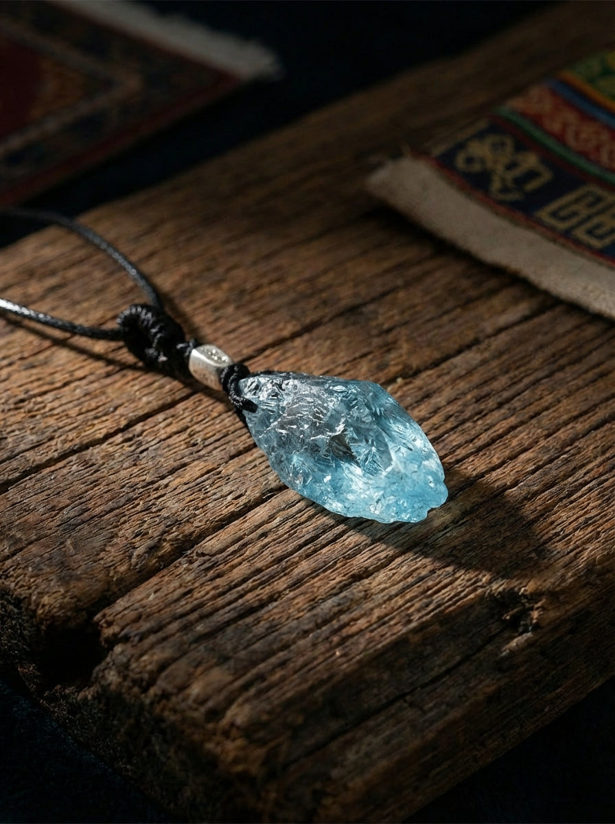 High-End Irregular Aquamarine Raw Stone Pendant | Blue Crystal Necklace Niche Design Choker