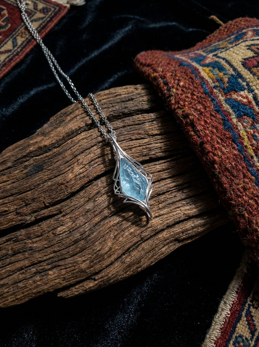 Hand-Wound Natural Aquamarine Raw Stone Pendant | Free-Form Crystal Ore Clavicle Necklace