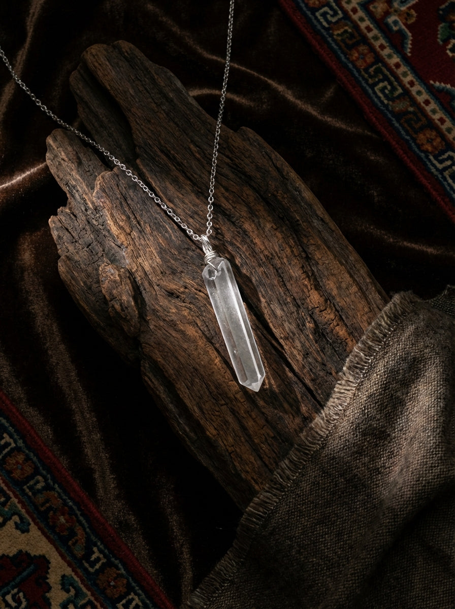 Tapered White Crystal Hexagonal Prism Raw Stone Pendant | Unisex Amorphous Single-Point Trendy Necklace