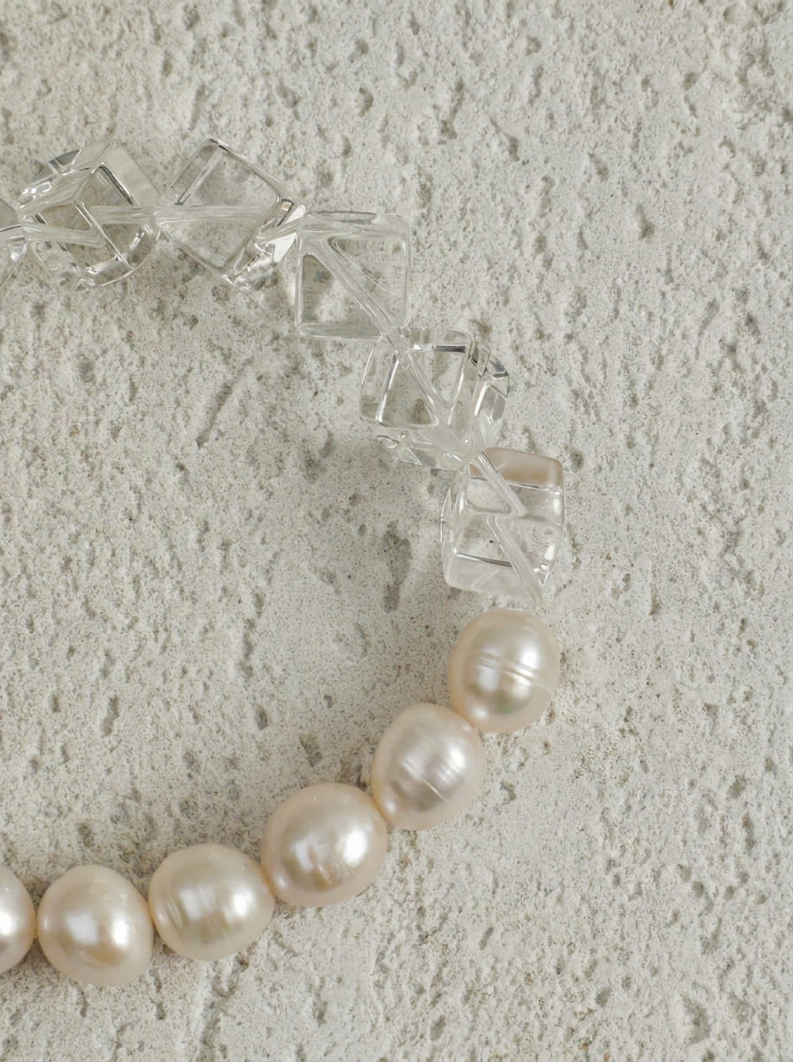 Moon Cube Clarity Heart · Clear Crystal & Freshwater Pearl Bracelet