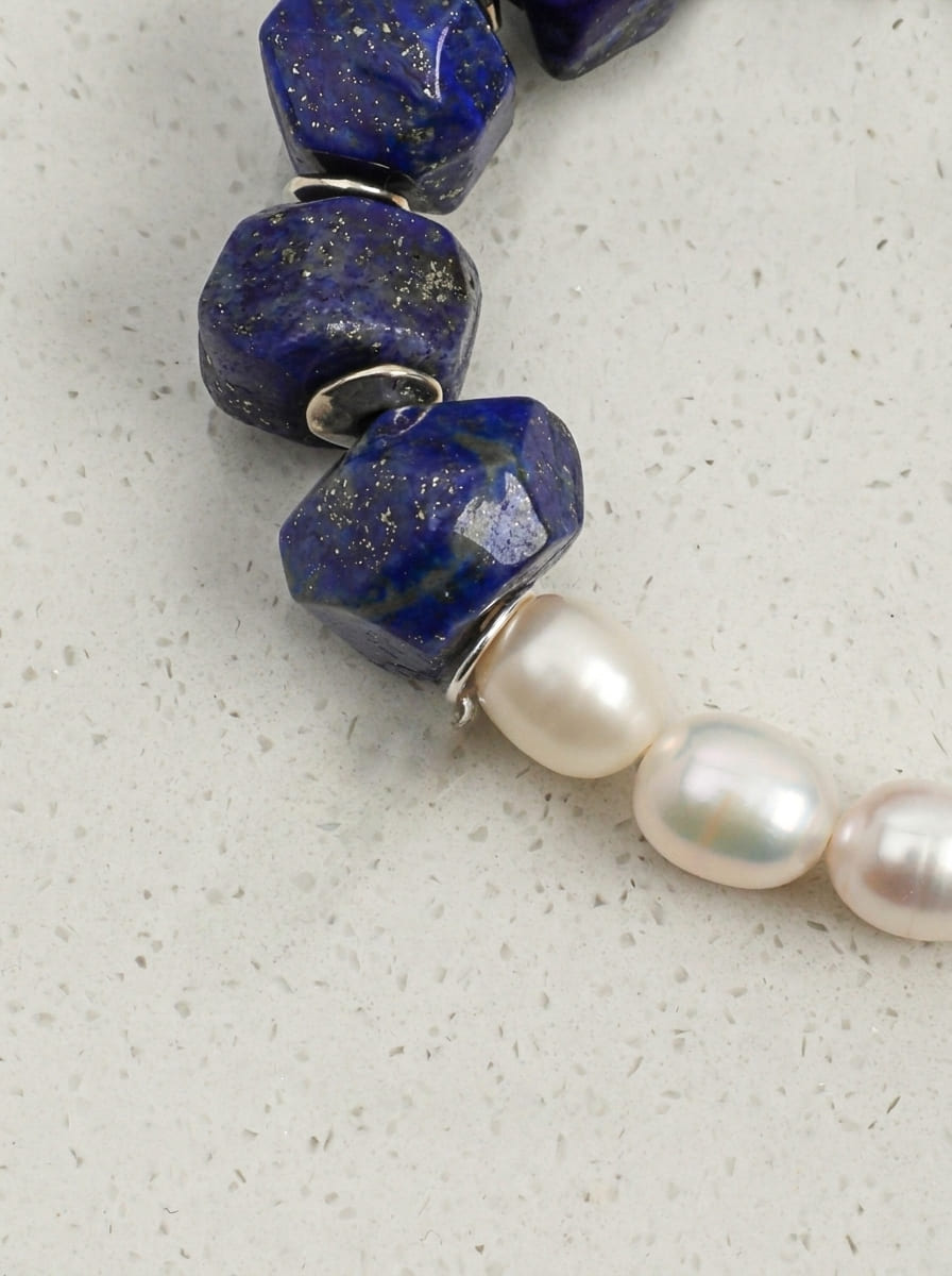 Moonlit Lapis Serenity · Lapis Lazuli & Freshwater Pearl Bracelet