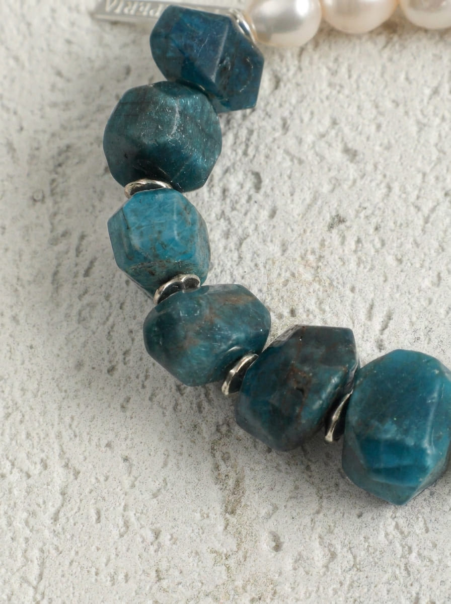Night Ripple Zen Heart · Blue Apatite & Freshwater Pearl Bracelet
