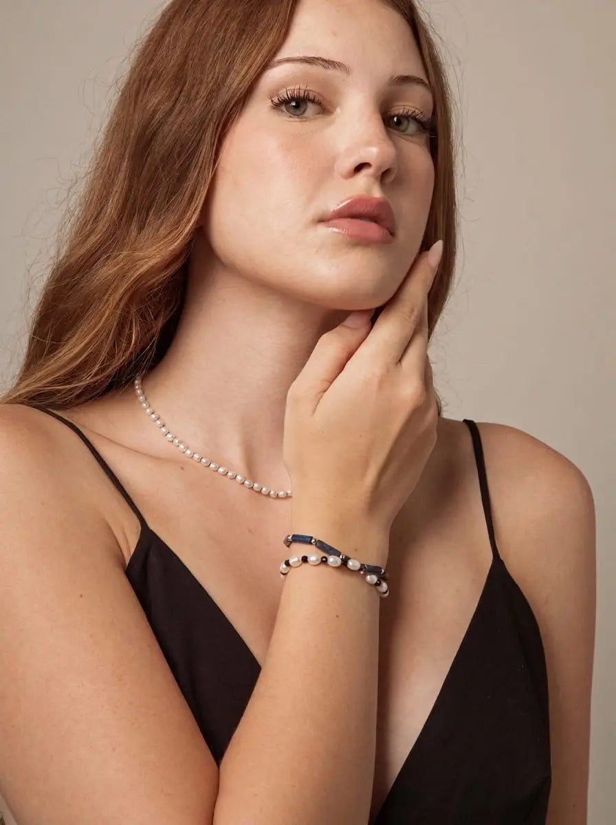 「Lapis Radiance Contemplation」 Lapis Lazuli, Pearl & Black Tourmaline Bracelet