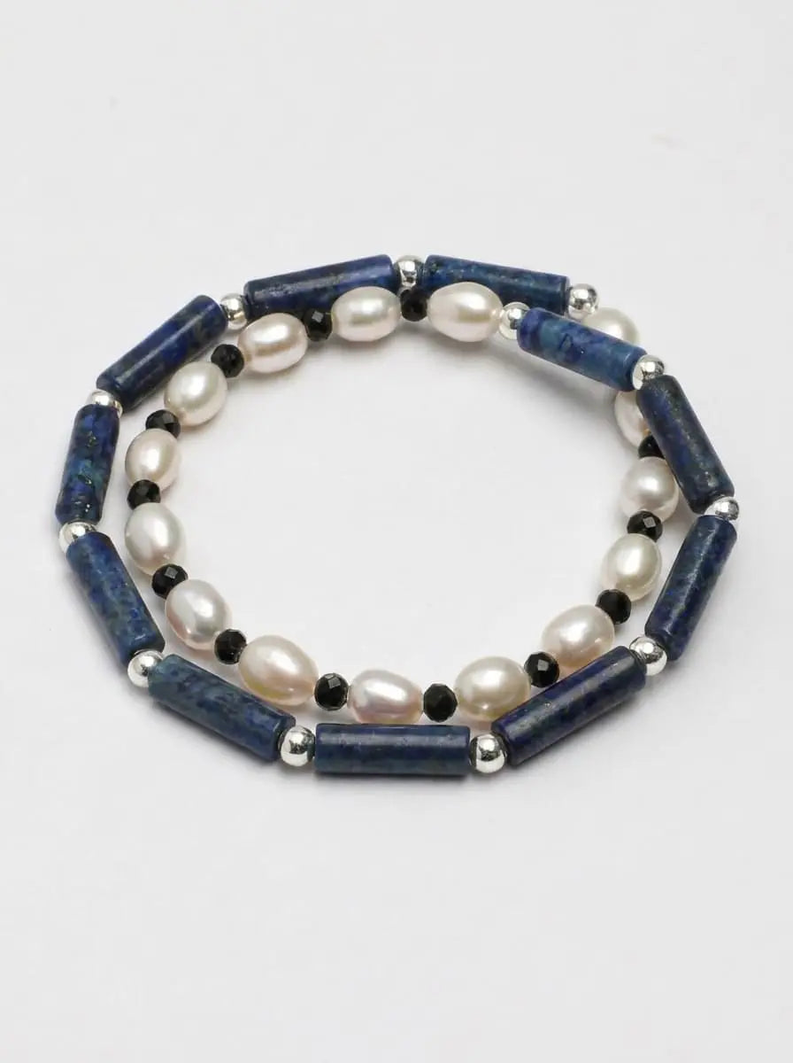 「Lapis Radiance Contemplation」 Lapis Lazuli, Pearl & Black Tourmaline Bracelet