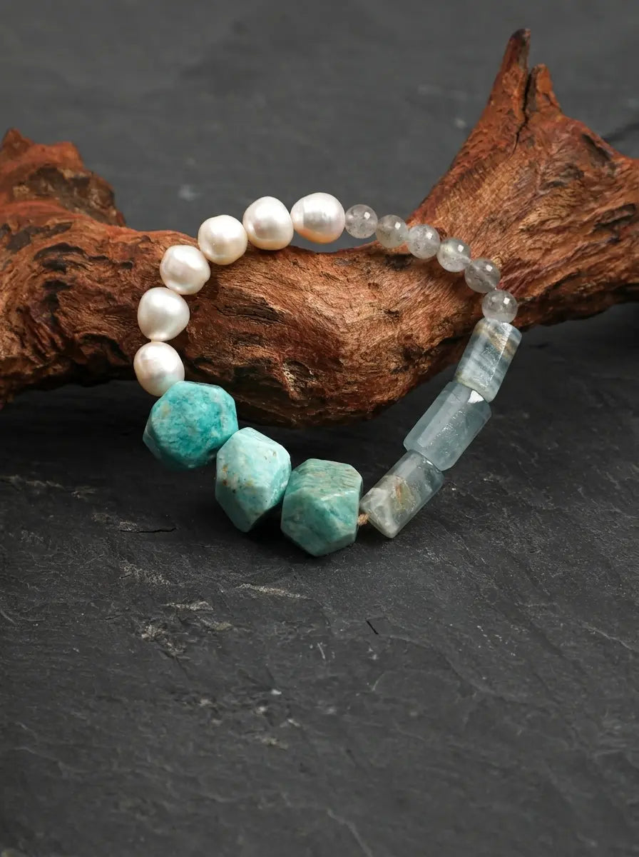 「Azure Zen Heart」 Amazonite, Lazulite & Pearl Bracelet