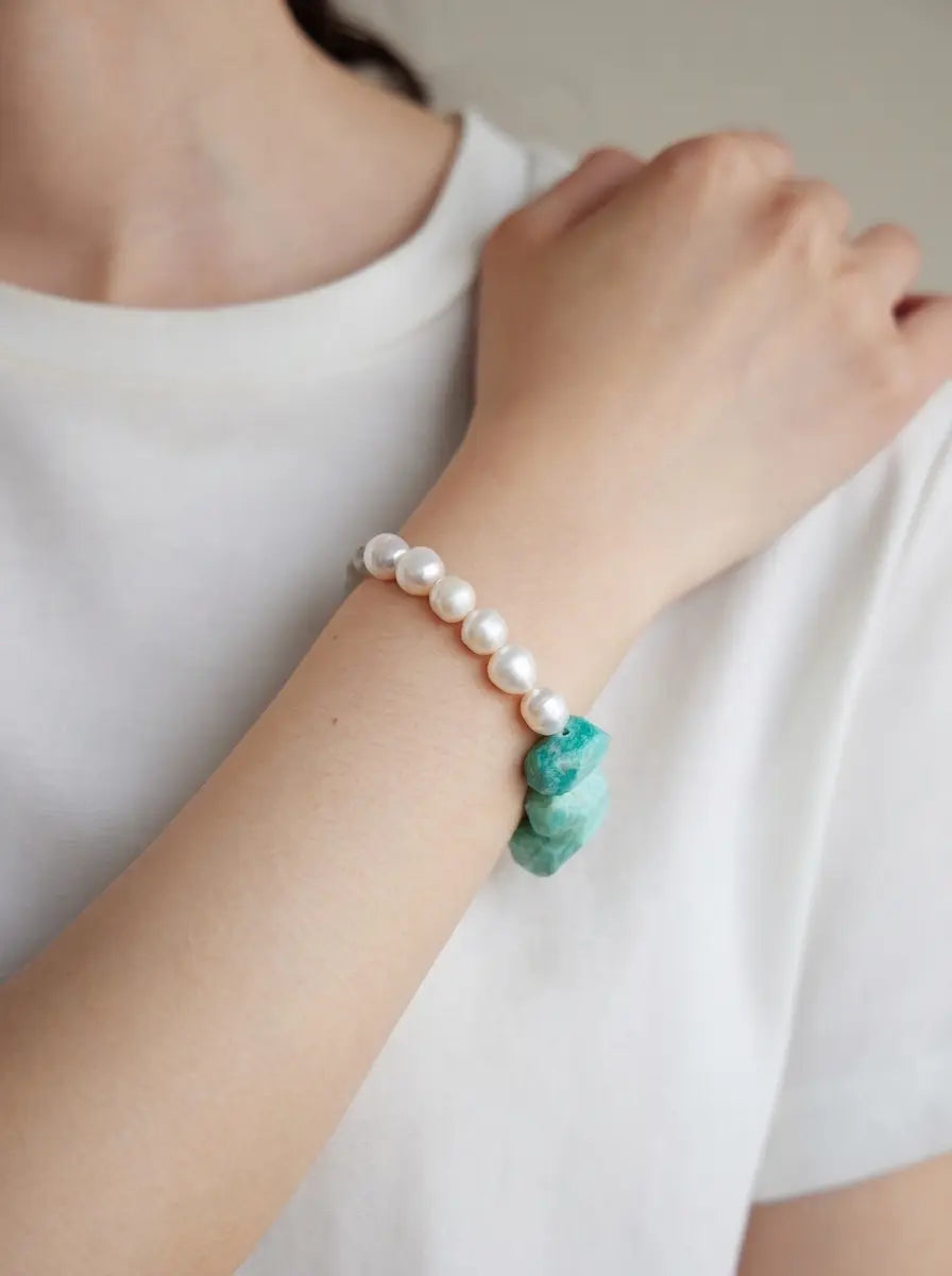 「Azure Zen Heart」 Amazonite, Lazulite & Pearl Bracelet