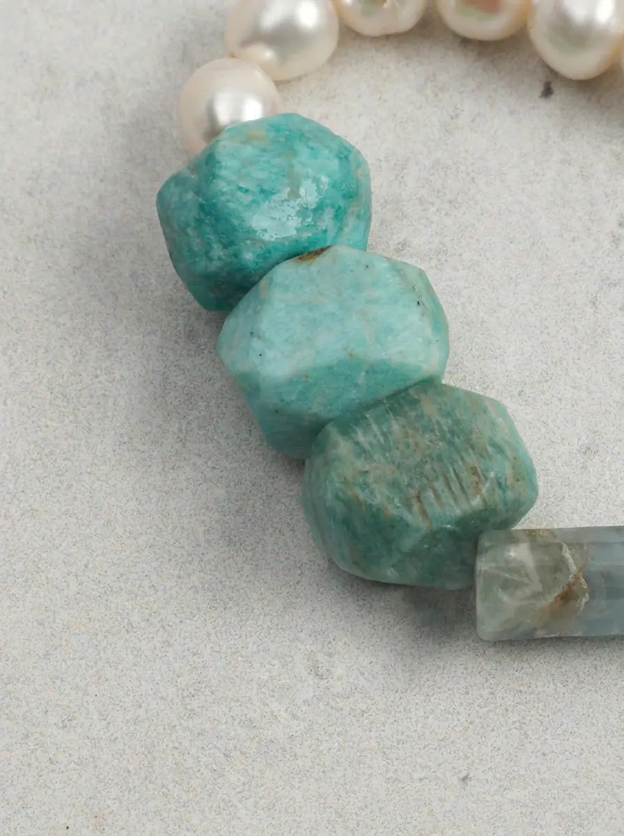 「Azure Zen Heart」 Amazonite, Lazulite & Pearl Bracelet