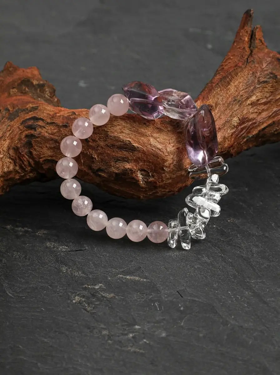 「Silent Homeward Heart」Amethyst, Rose Quartz & Clear Crystal Bracelet