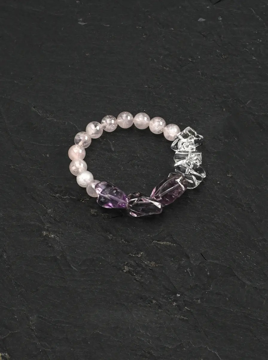 「Silent Homeward Heart」Amethyst, Rose Quartz & Clear Crystal Bracelet