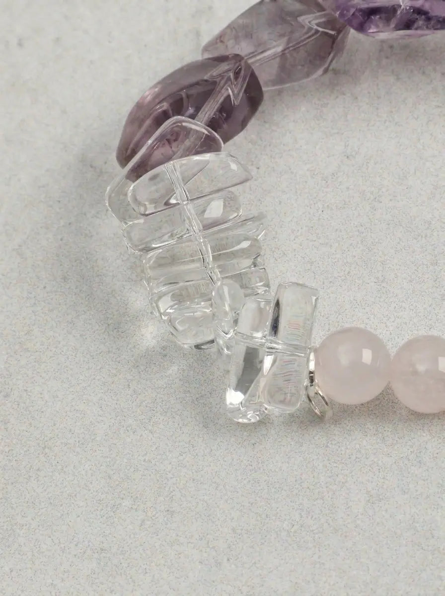 「Silent Homeward Heart」Amethyst, Rose Quartz & Clear Crystal Bracelet