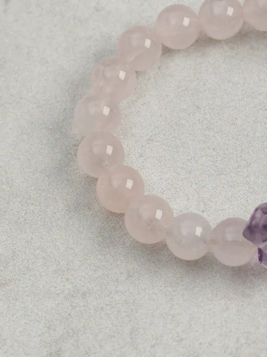「Silent Homeward Heart」Amethyst, Rose Quartz & Clear Crystal Bracelet