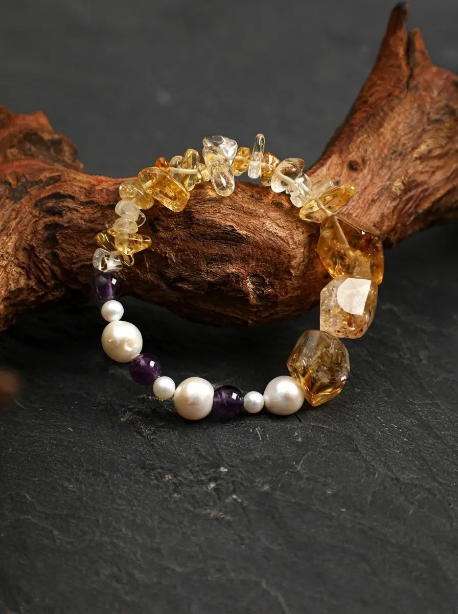 「All Creation」 Citrine, Amethyst & Baroque Pearl Bracelet