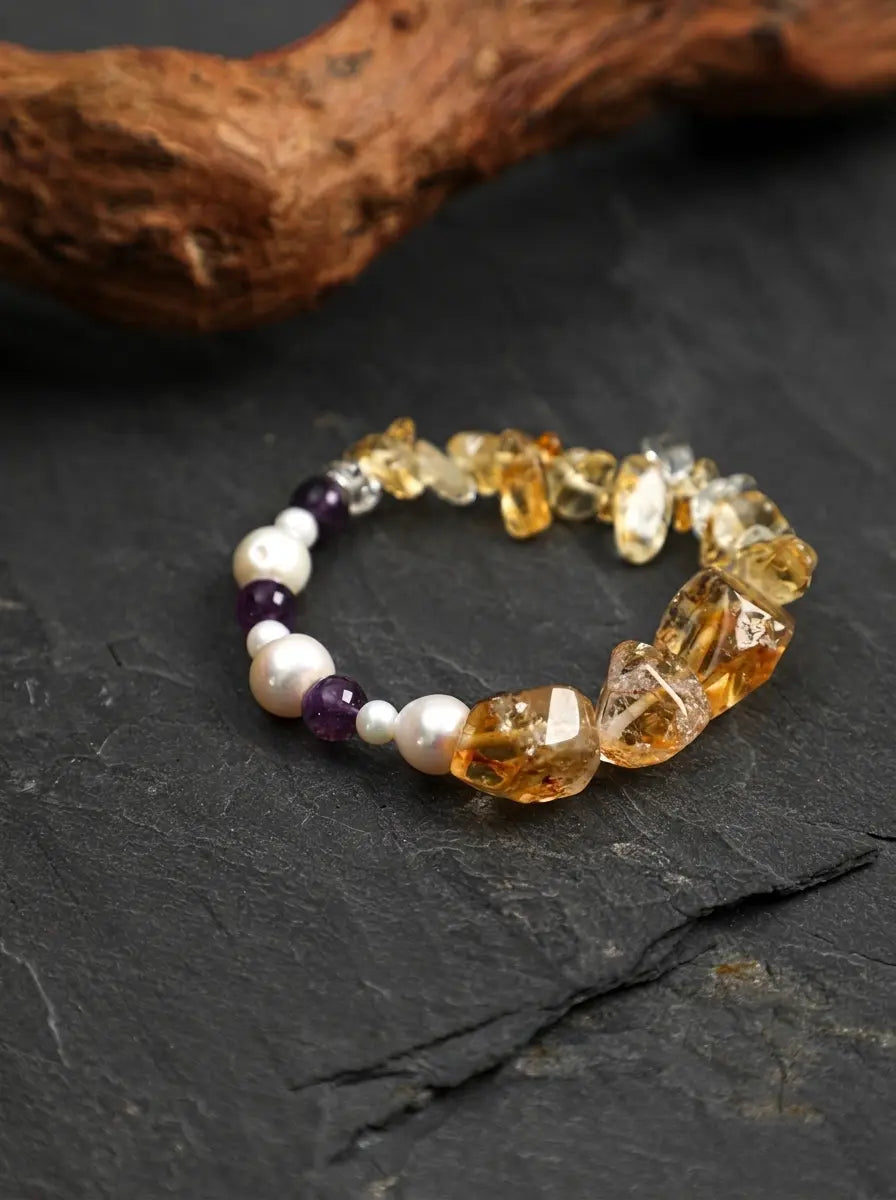 「All Creation」 Citrine, Amethyst & Baroque Pearl Bracelet
