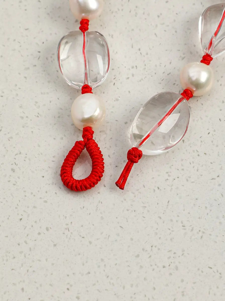 「Crimson Cord」 Clear Crystal & Pearl Bracelet