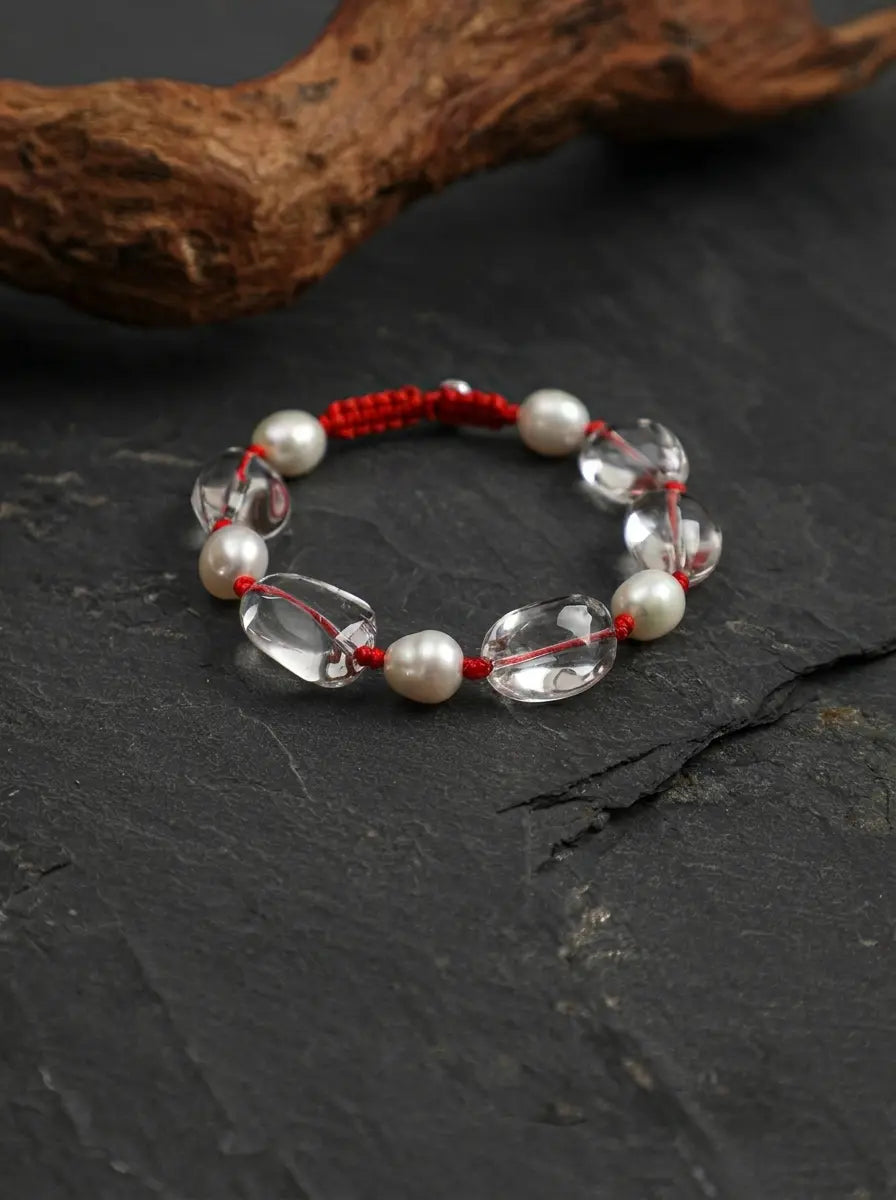 「Crimson Cord」 Clear Crystal & Pearl Bracelet