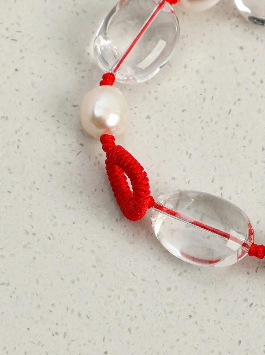 「Crimson Cord」 Clear Crystal & Pearl Bracelet