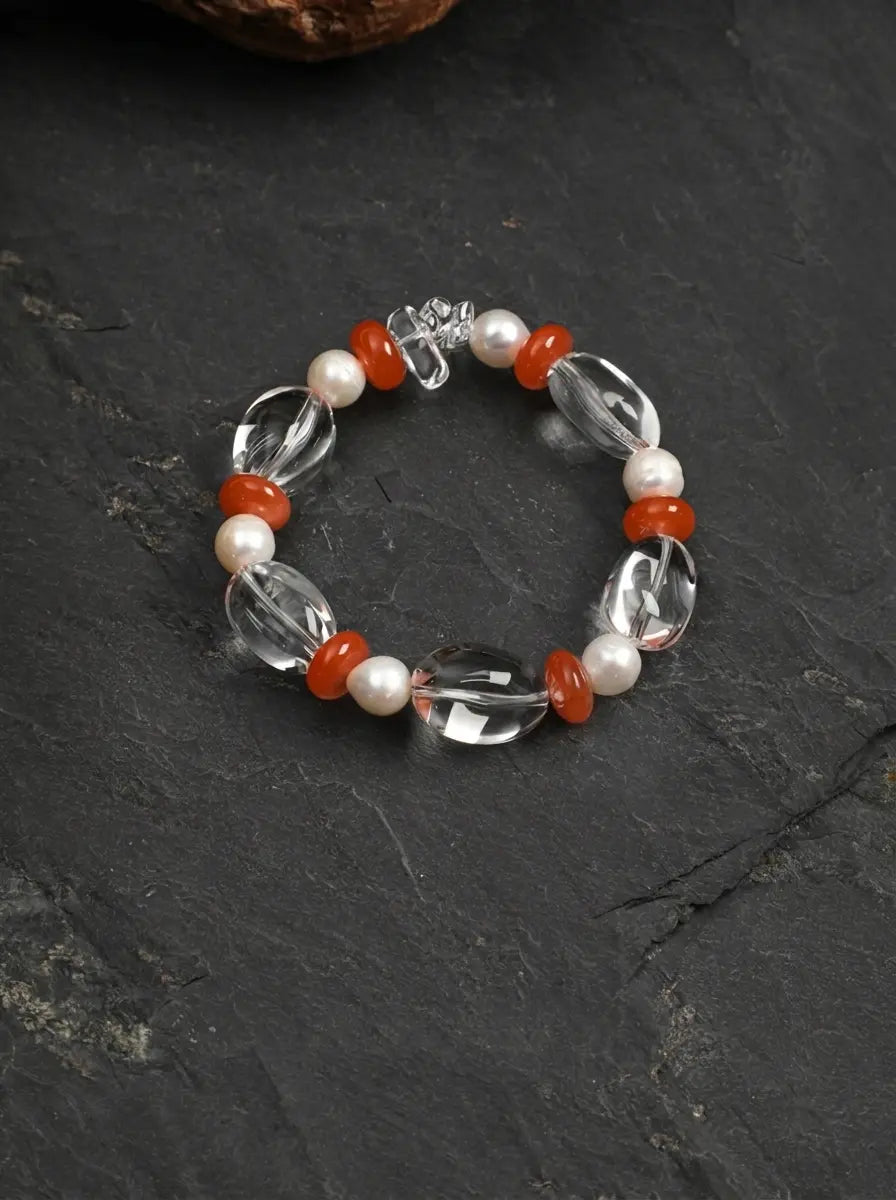 「Crystal Rosy Warmth」 Clear Crystal, Nanhong Agate & Freshwater Pearl Bracelet