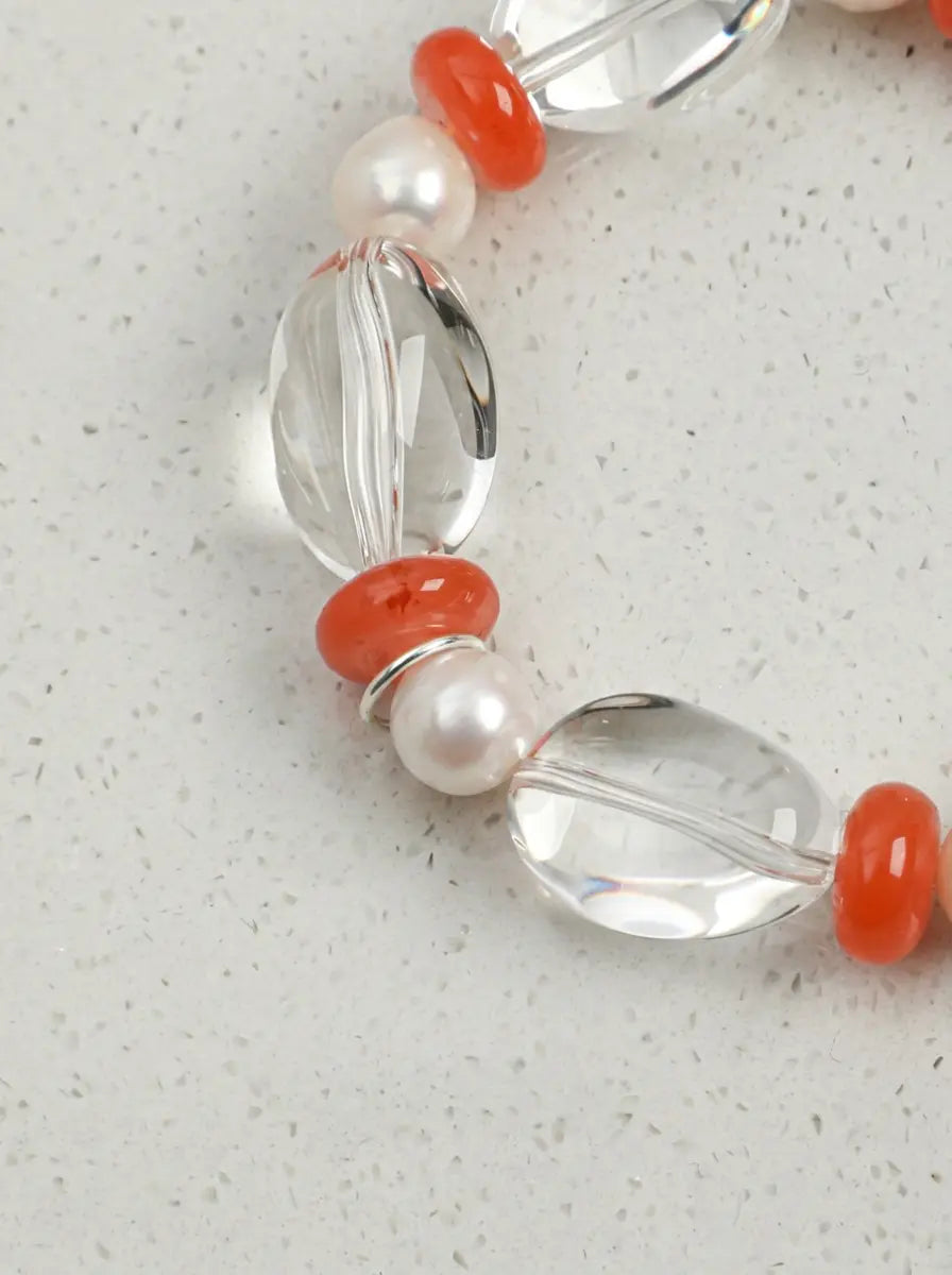 「Crystal Rosy Warmth」 Clear Crystal, Nanhong Agate & Freshwater Pearl Bracelet