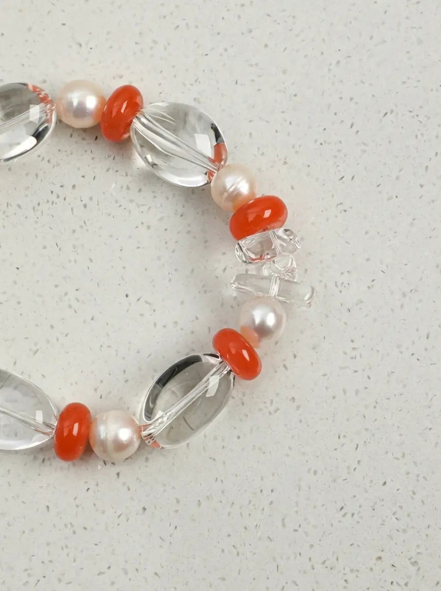 「Crystal Rosy Warmth」 Clear Crystal, Nanhong Agate & Freshwater Pearl Bracelet