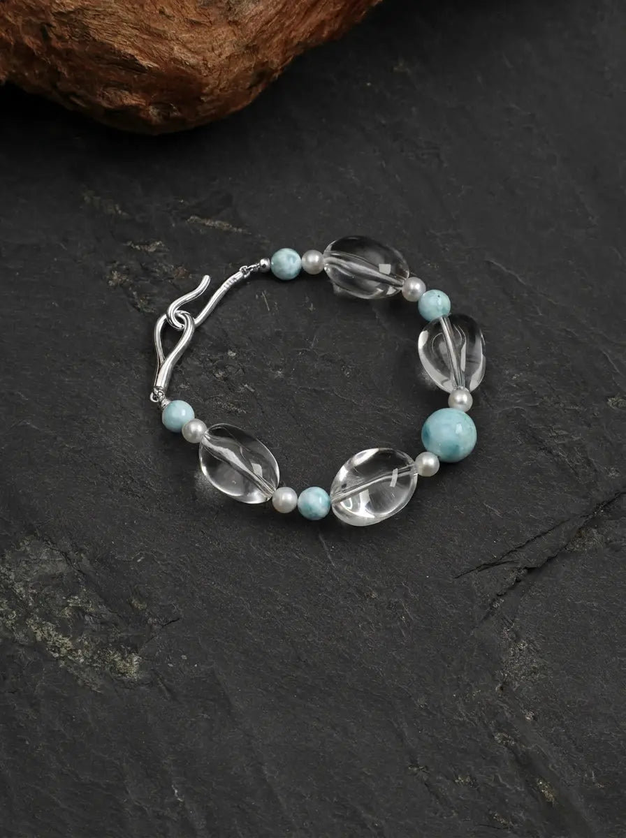 「Moonlit Clear Stream」 Clear Crystal Larimar Pearl Bracelet