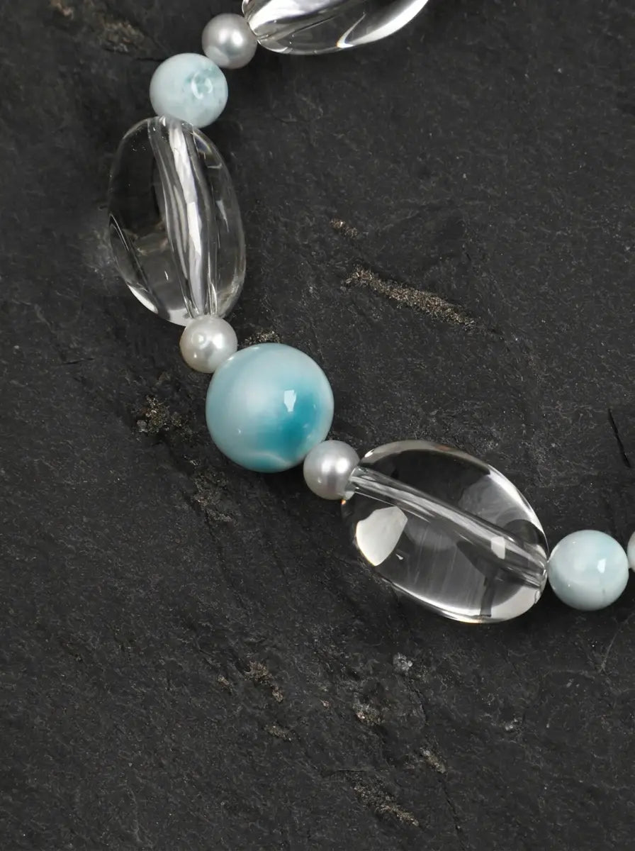 「Moonlit Clear Stream」 Clear Crystal Larimar Pearl Bracelet