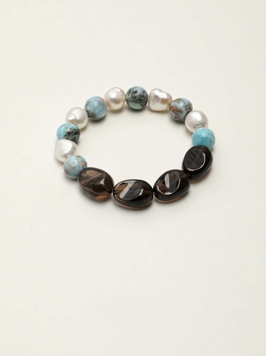 「Ink Crystal Tide」 Larimar, Smoky Quartz & Baroque Pearl Bracelet
