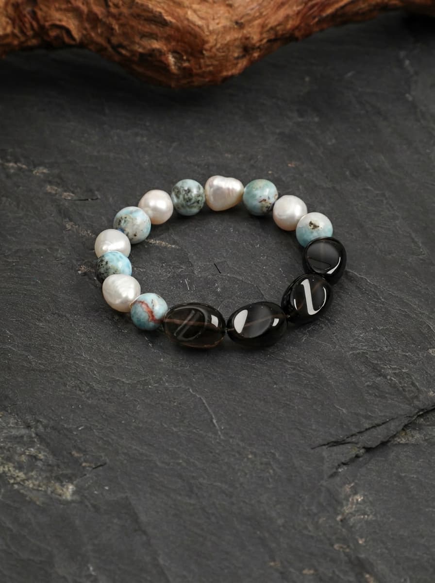「Ink Crystal Tide」 Larimar, Smoky Quartz & Baroque Pearl Bracelet