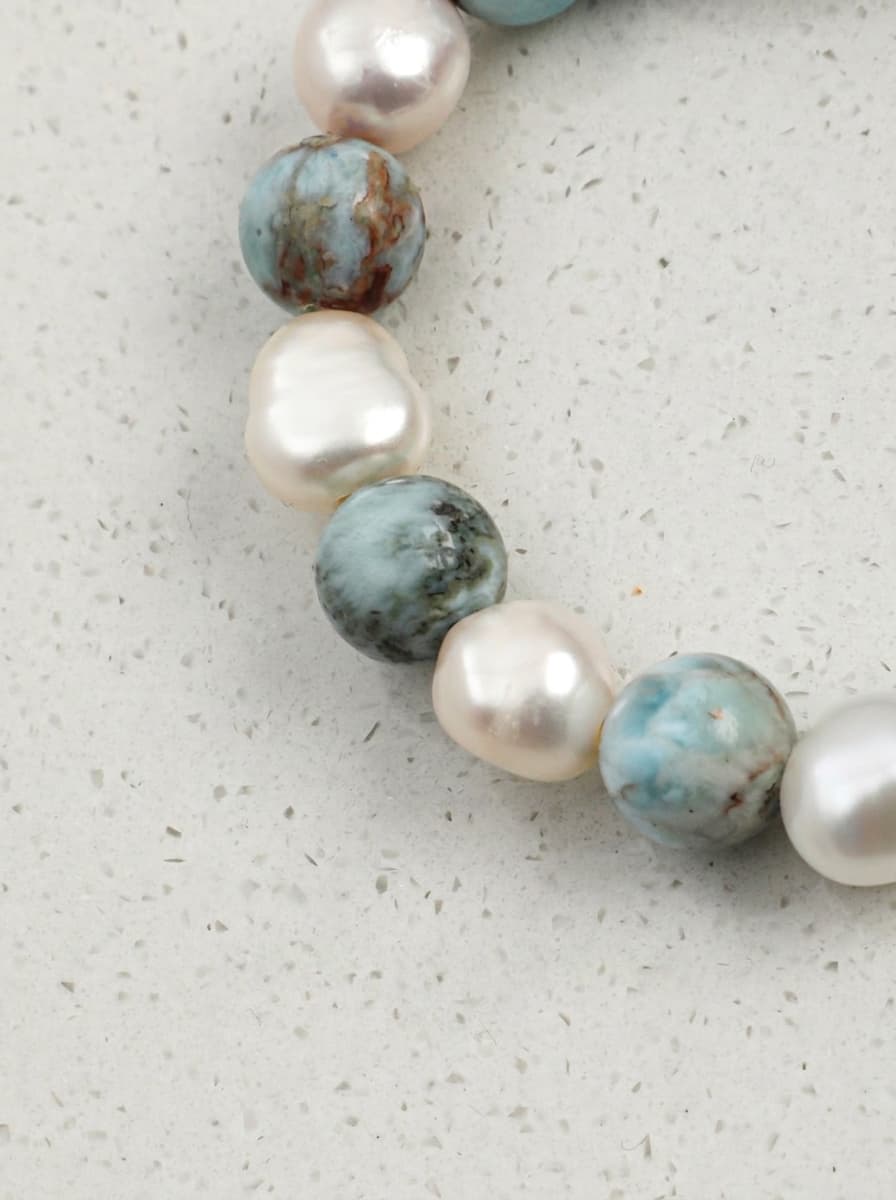 「Ink Crystal Tide」 Larimar, Smoky Quartz & Baroque Pearl Bracelet