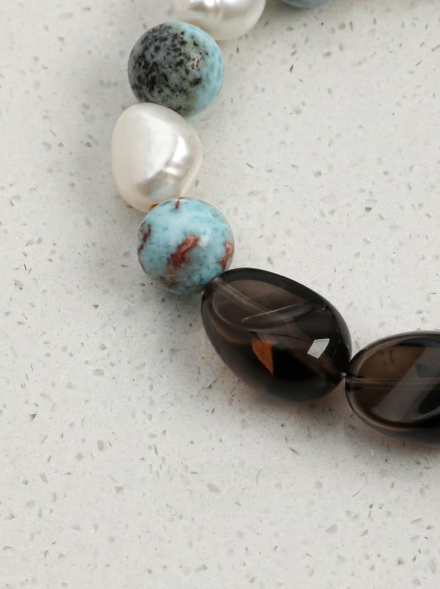 「Ink Crystal Tide」 Larimar, Smoky Quartz & Baroque Pearl Bracelet