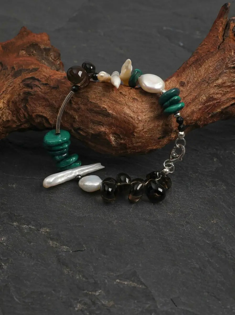 "Ink Shadow" Smoky Quartz & Malachite Pearl Bracelet