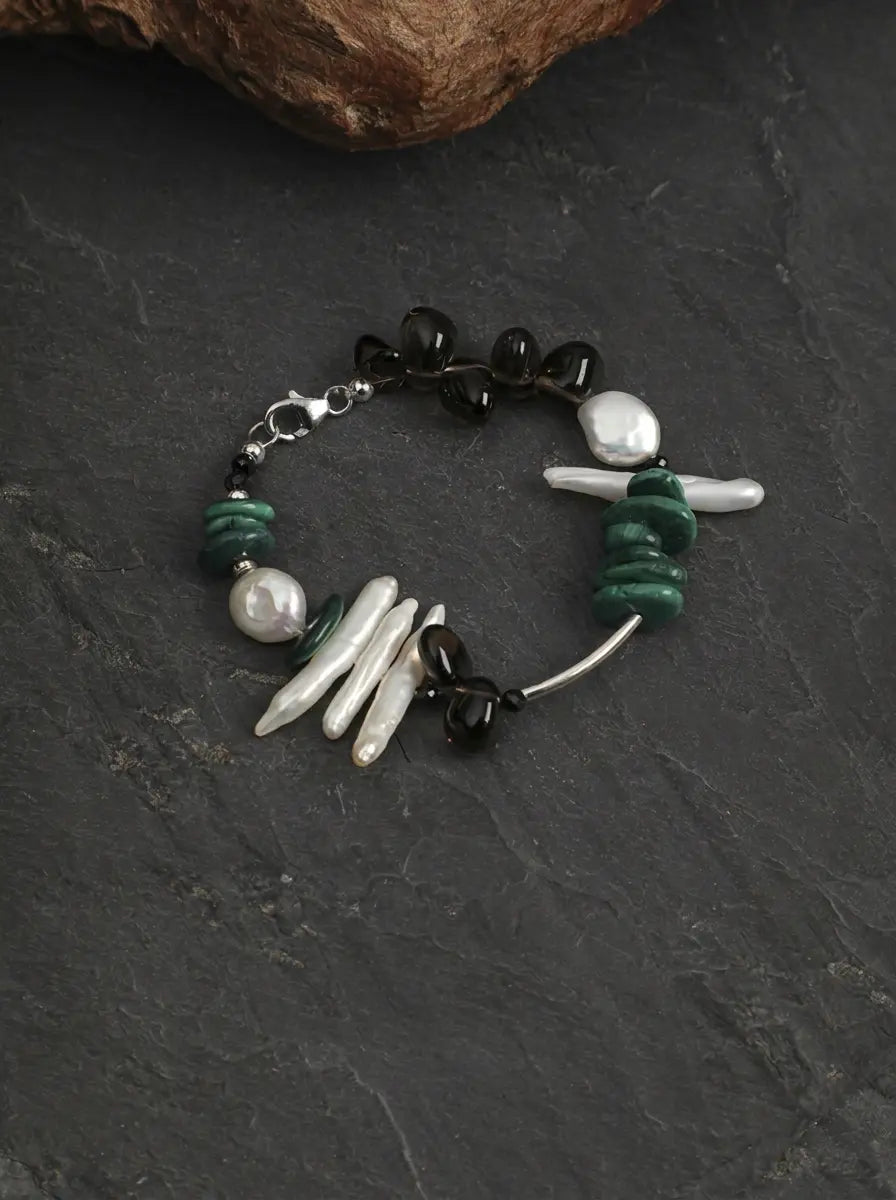 "Ink Shadow" Smoky Quartz & Malachite Pearl Bracelet