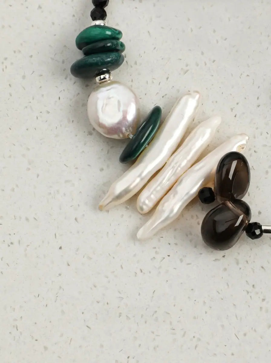 "Ink Shadow" Smoky Quartz & Malachite Pearl Bracelet