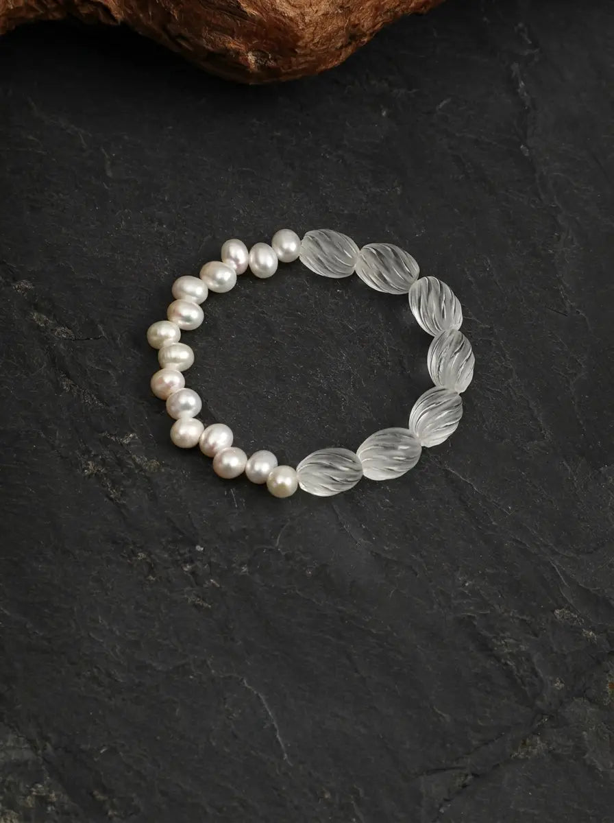 "Whirling Ripple" Clear Quartz & Pearl Bracelet