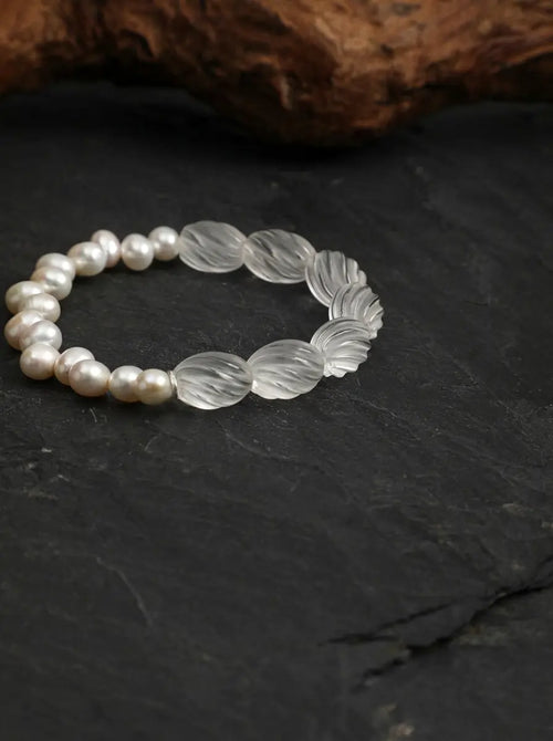 "Whirling Ripple" Clear Quartz & Pearl Bracelet