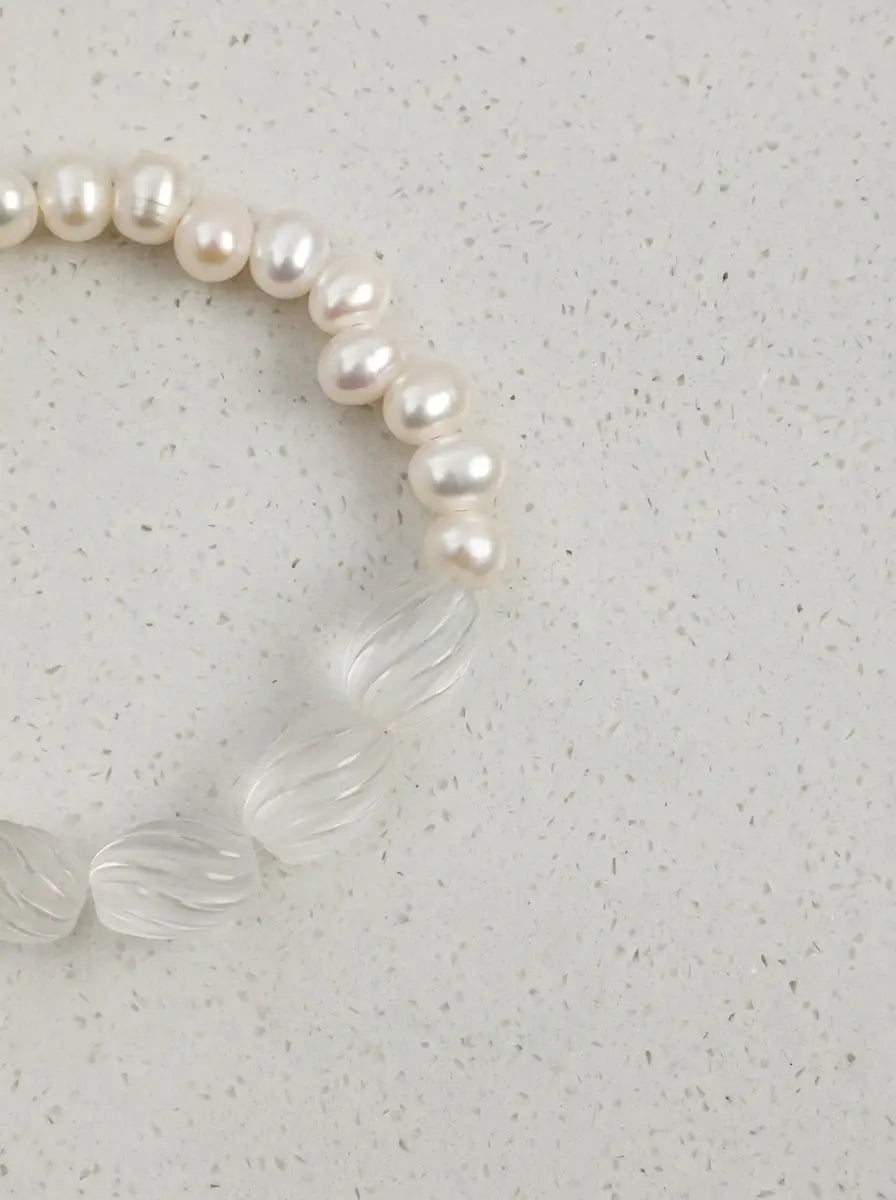 "Whirling Ripple" Clear Quartz & Pearl Bracelet