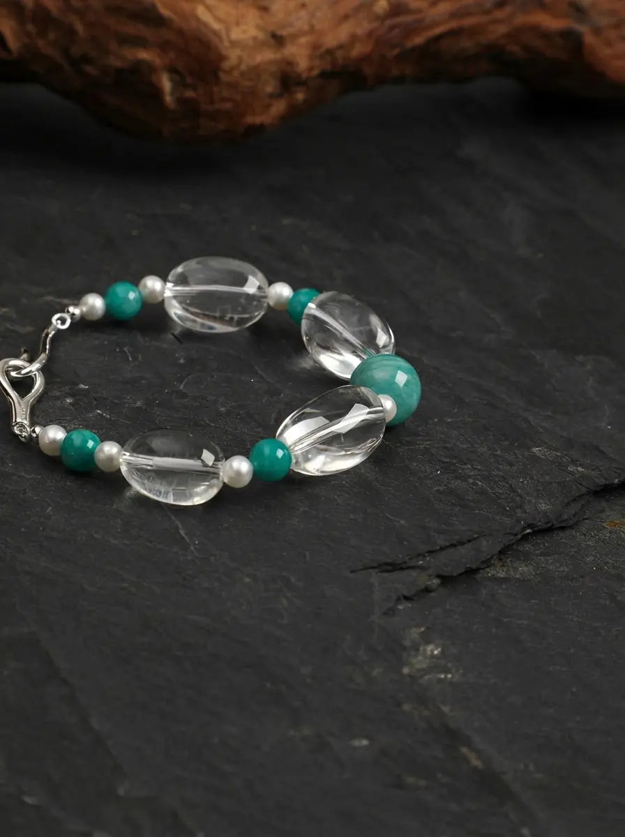 "Moon-Kissed Azure" Amazonite & Clear Quartz Bracelet