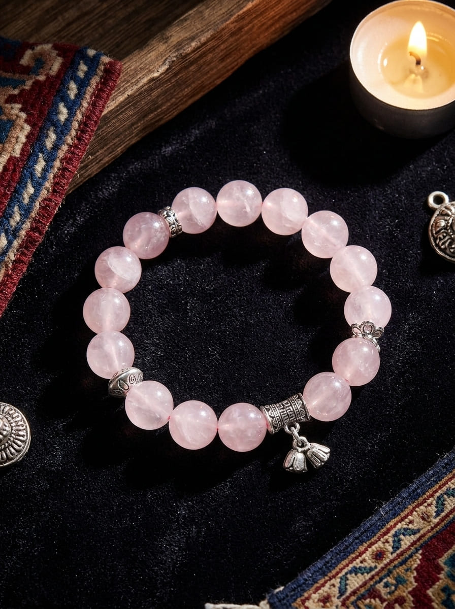 「Lotus Heart and Peach Charm」Rose Quartz Bracelet