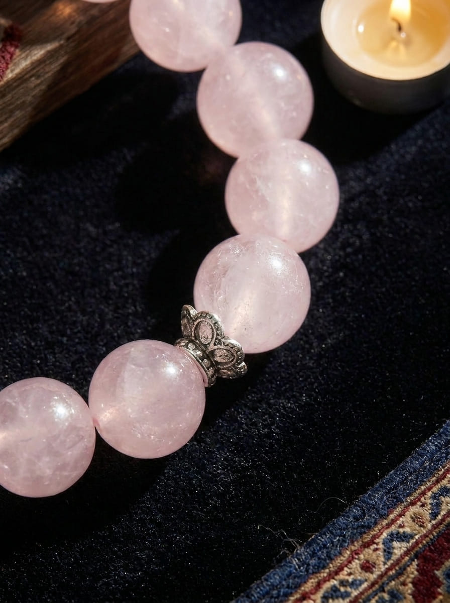 「Lotus Heart and Peach Charm」Rose Quartz Bracelet
