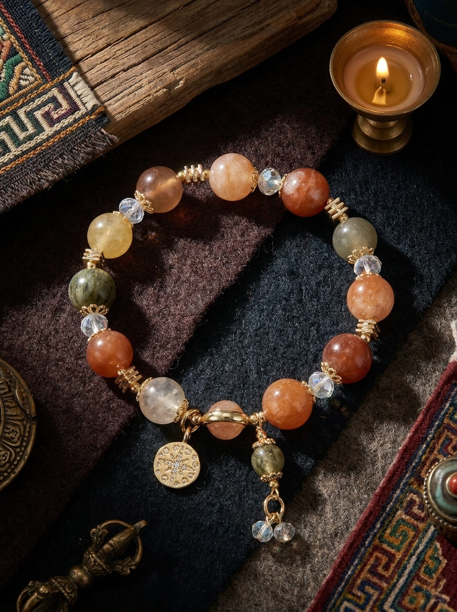 Warm Jade Fortune · Rose Quartz, Green Rutilated & Citrine Bracelet